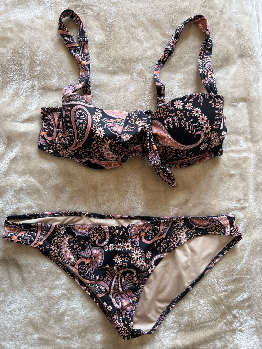 Paisley Print Bikini Set in Black and Pink